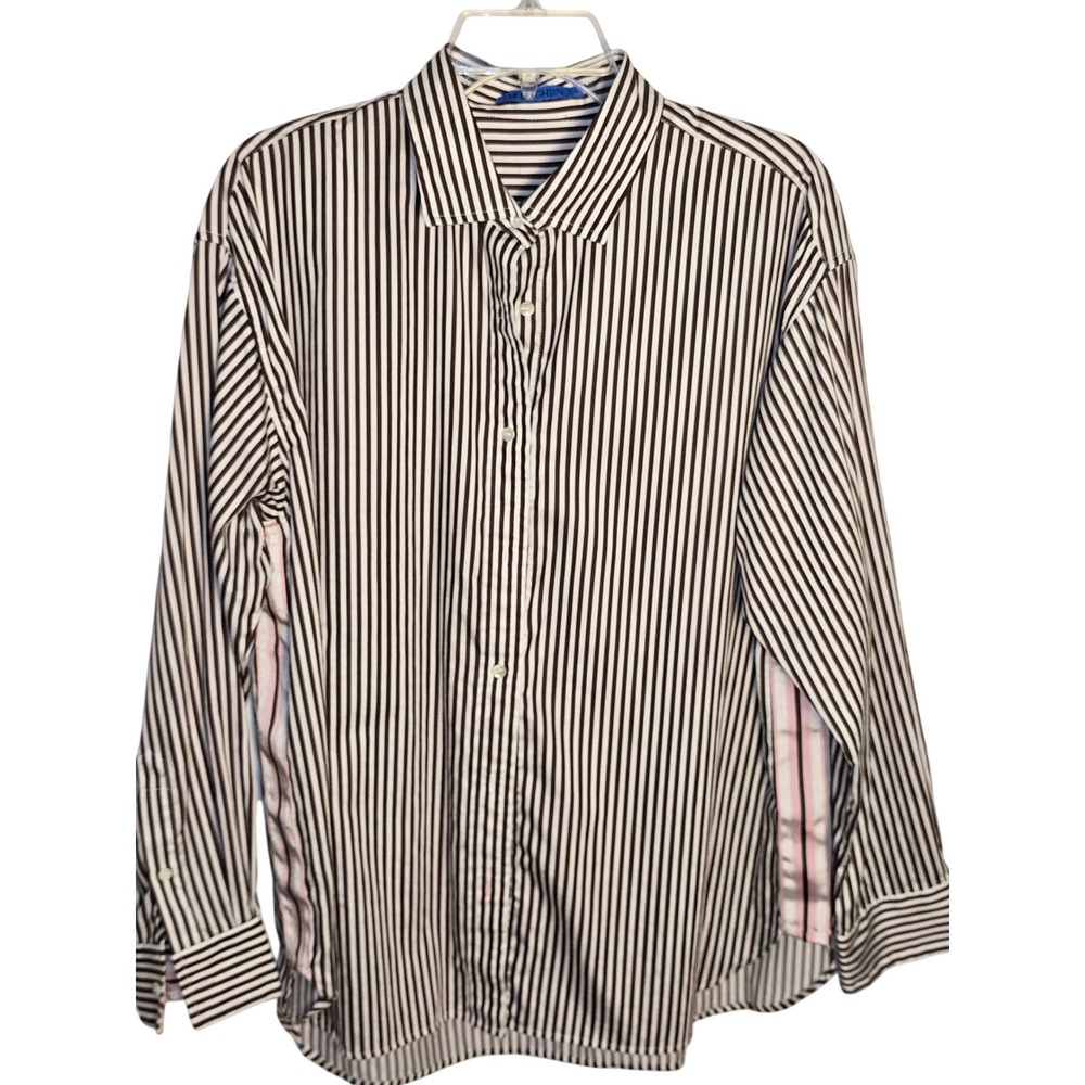 J.McLaughlin Brown White Striped Preppy Button Down Shirt XL Pink Ribbon Trim